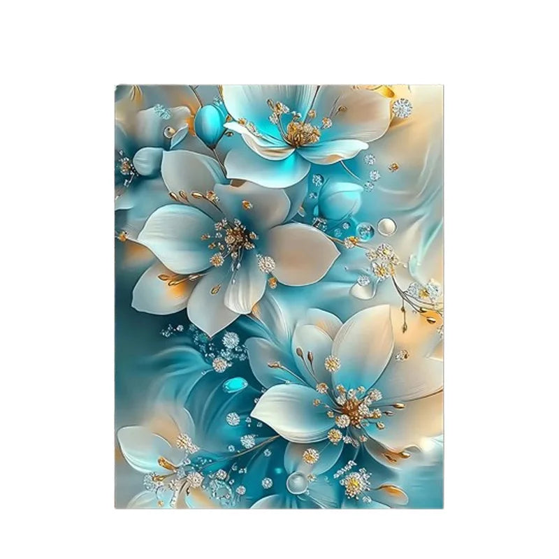 Elegant Framed Oil Painting of Blue and White Flowers with Gold Accents