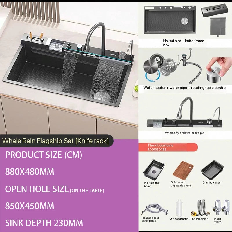304 Stainless Steel Kitchen Waterfall Sink Digital Display