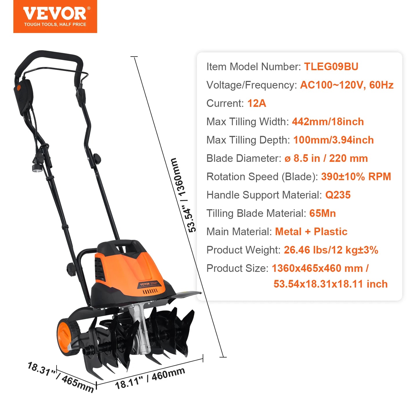 VEVOR 12 Amp Electric Tiller 18 Inch Tilling Width Corded Cultivator Machine