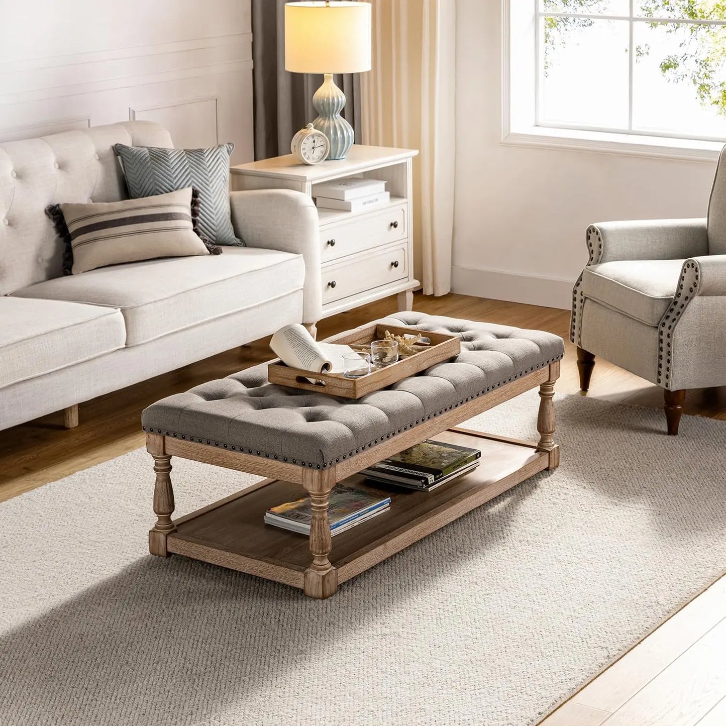 Rectangle Ottoman Coffee Table With Tray And Tufted Wood Storage Shelf