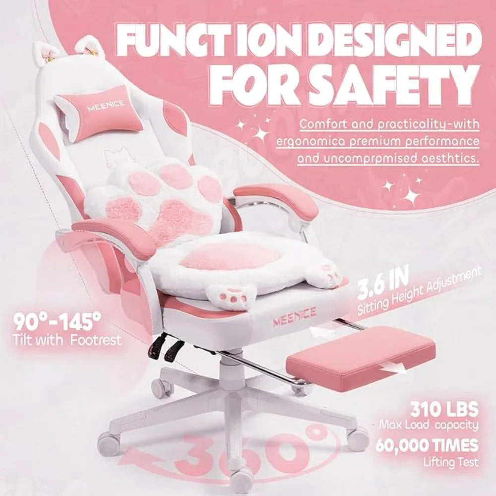 Cute Cat Ears Gaming Chair with Footrest Ergonomic Reclining Computer Chair