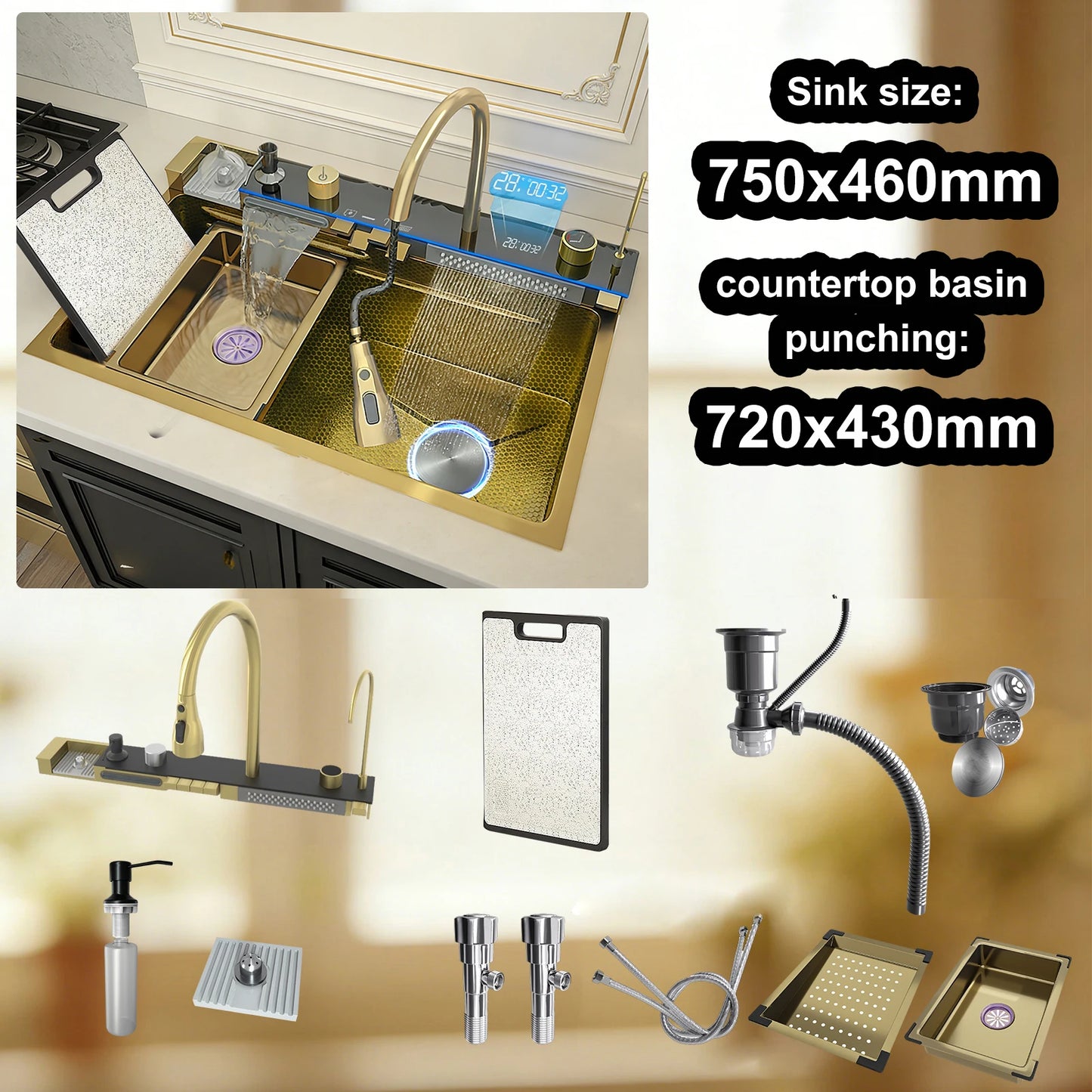 TELISIYA 304 Stainless Steel Waterfall Kitchen Sink With Digital Display Faucet