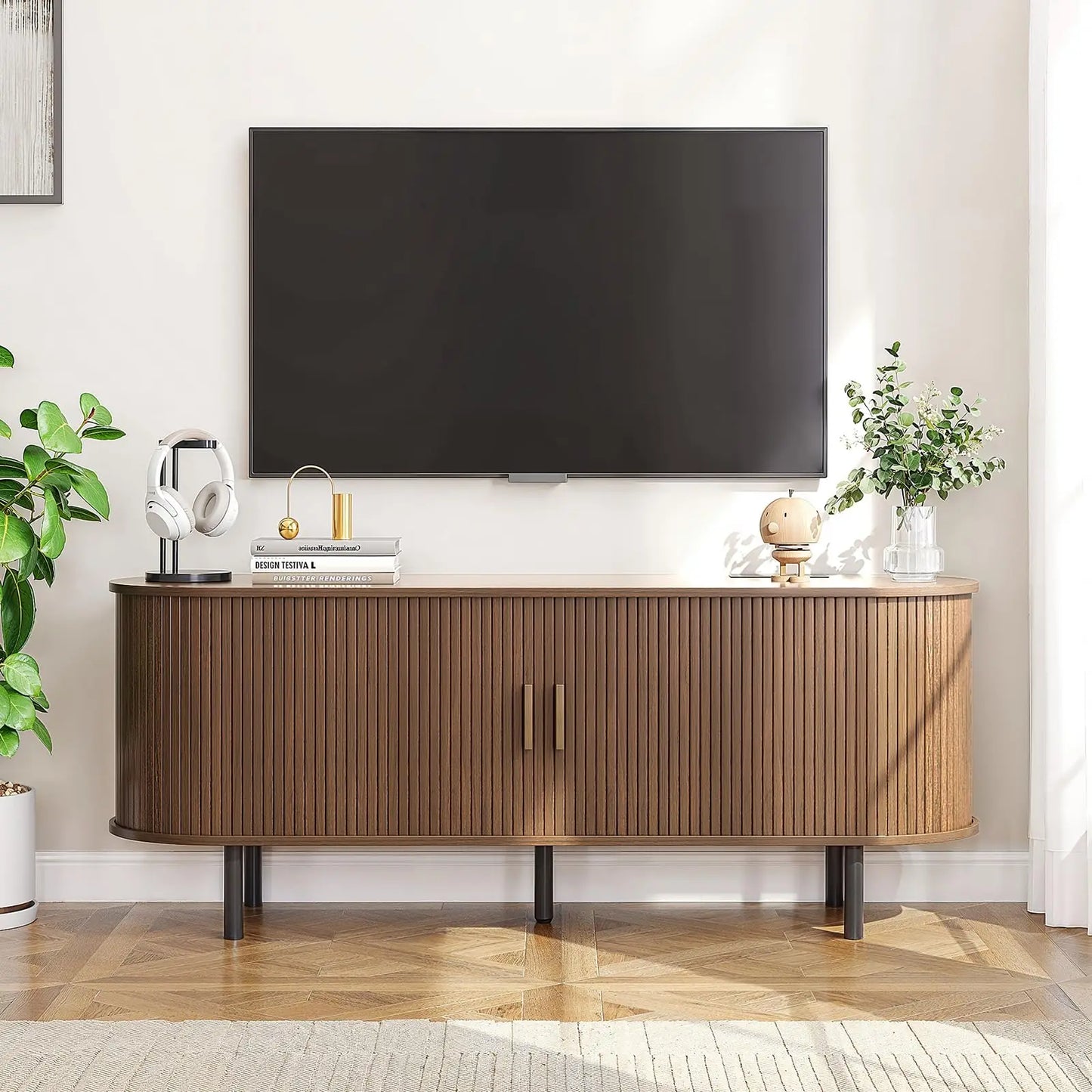 Onbrill TV Stand With Power Outlet And Sliding Doors