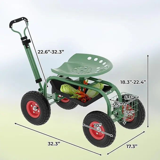 Garden Rolling Stool With Wheels Steering Handle 360 Swivel