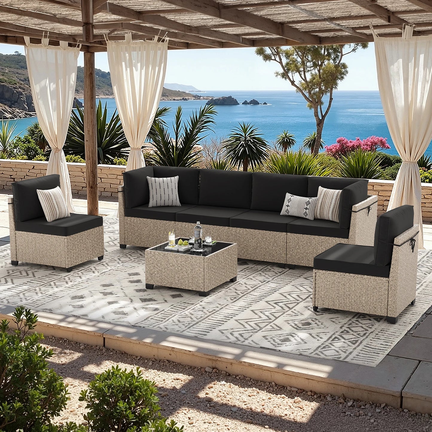 Outdoor Rattan Patio Furniture Set With Tempered Glass Table All Weather