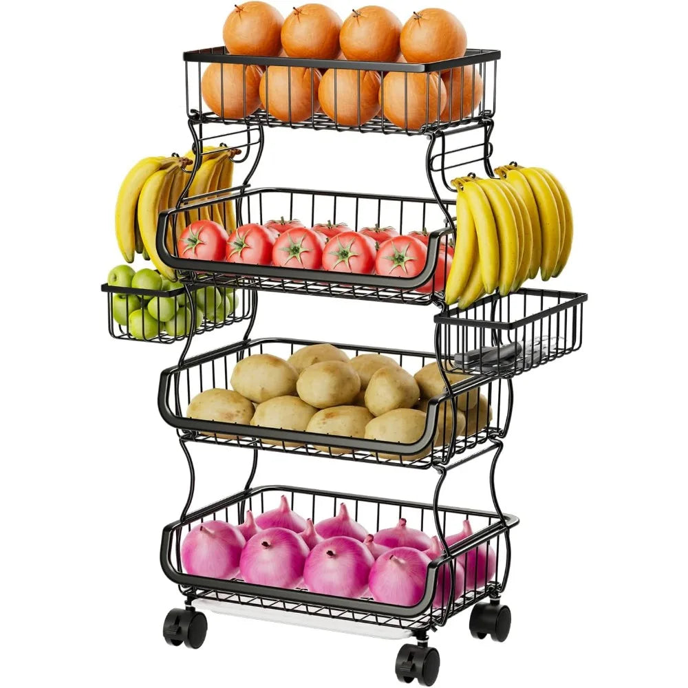 Stackable Metal Wire Rolling Cart With Hanging Baskets