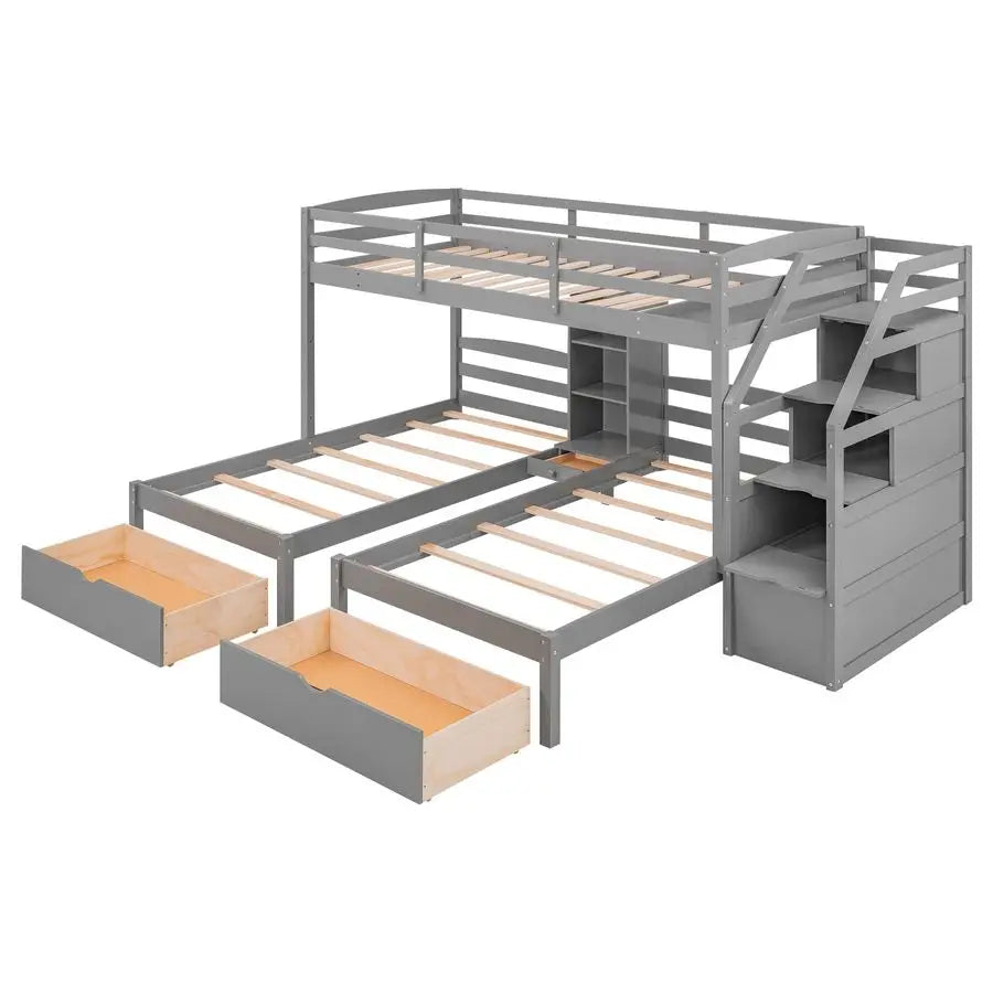 MBVM Triple Bunk Beds With Stairs And Storage Drawers For 3 Kids