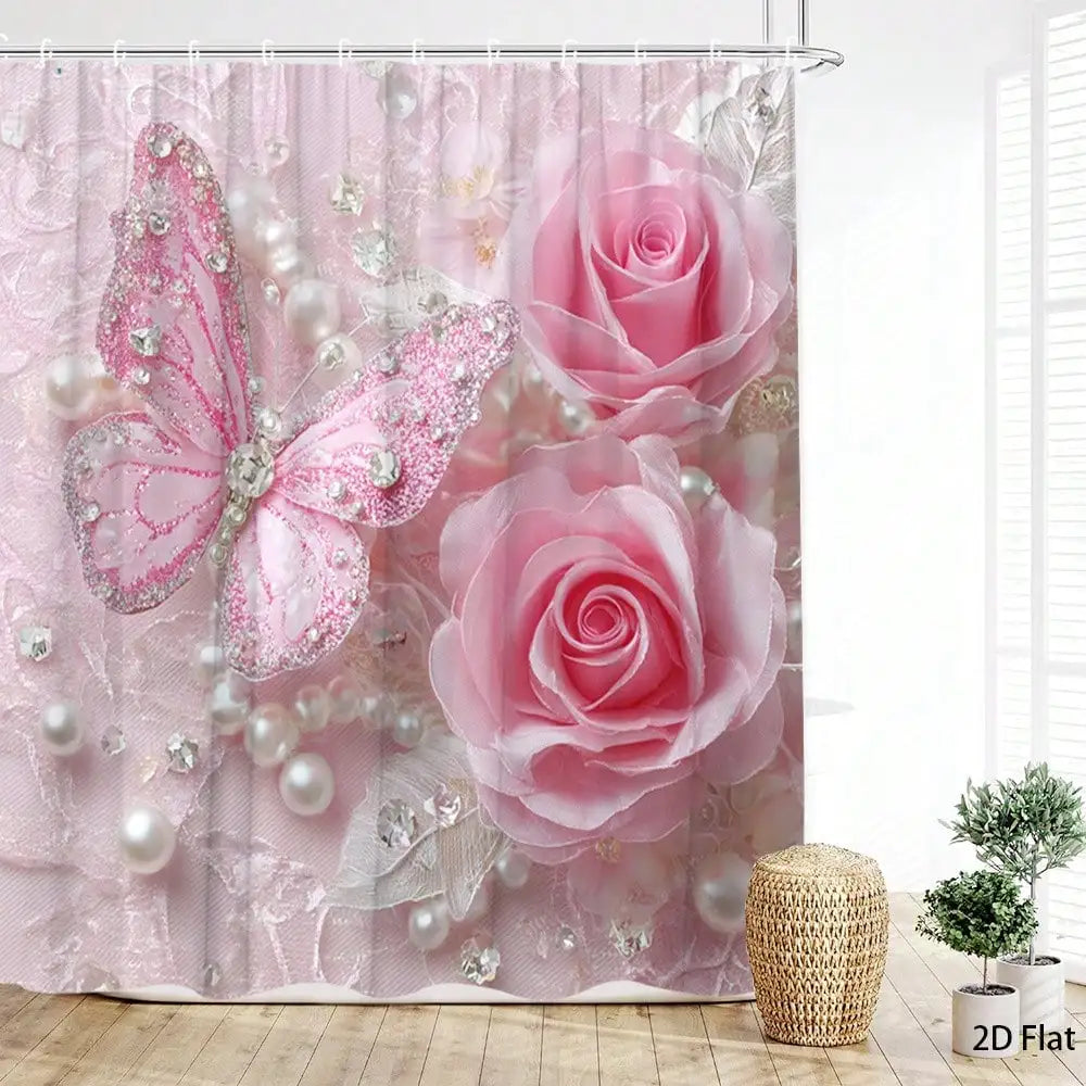 Elegant Butterfly Shower Curtain Bath Mat Set Toilet Seat