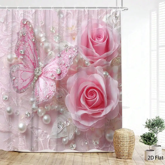 Elegant Butterfly Shower Curtain Bath Mat Set Toilet Seat