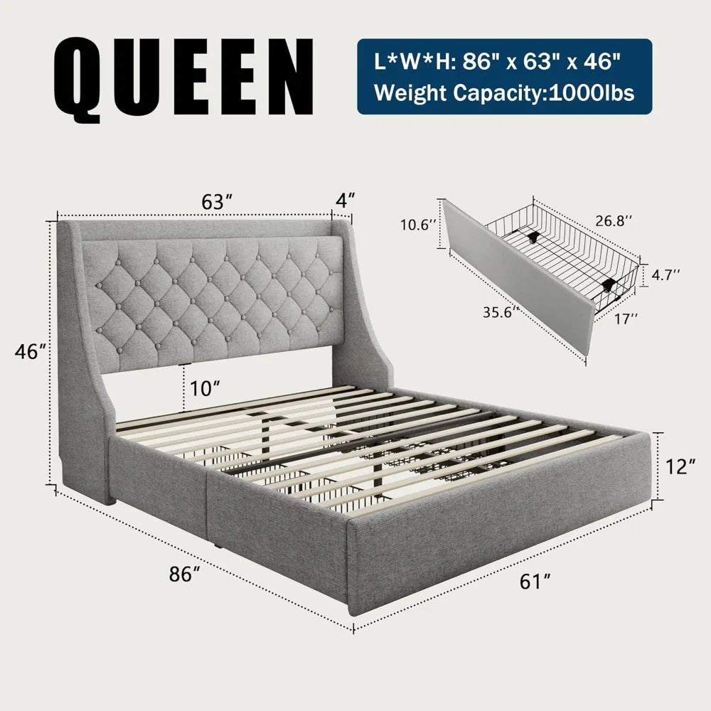 RBXC Bed Frame With Storage Drawers And Wingback Headboard