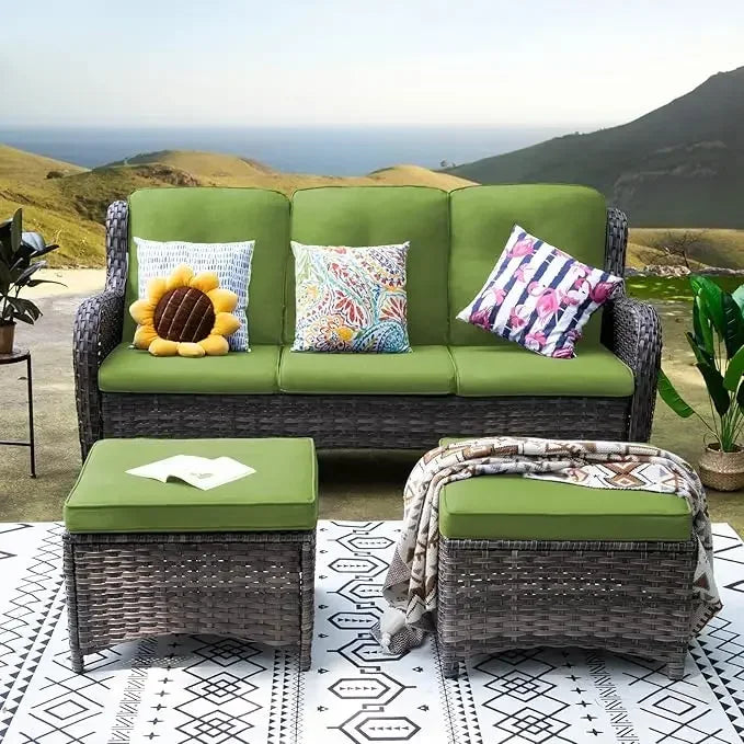 Three Piece Wicker Outdoor Conversation Set With Sofa Ottomans