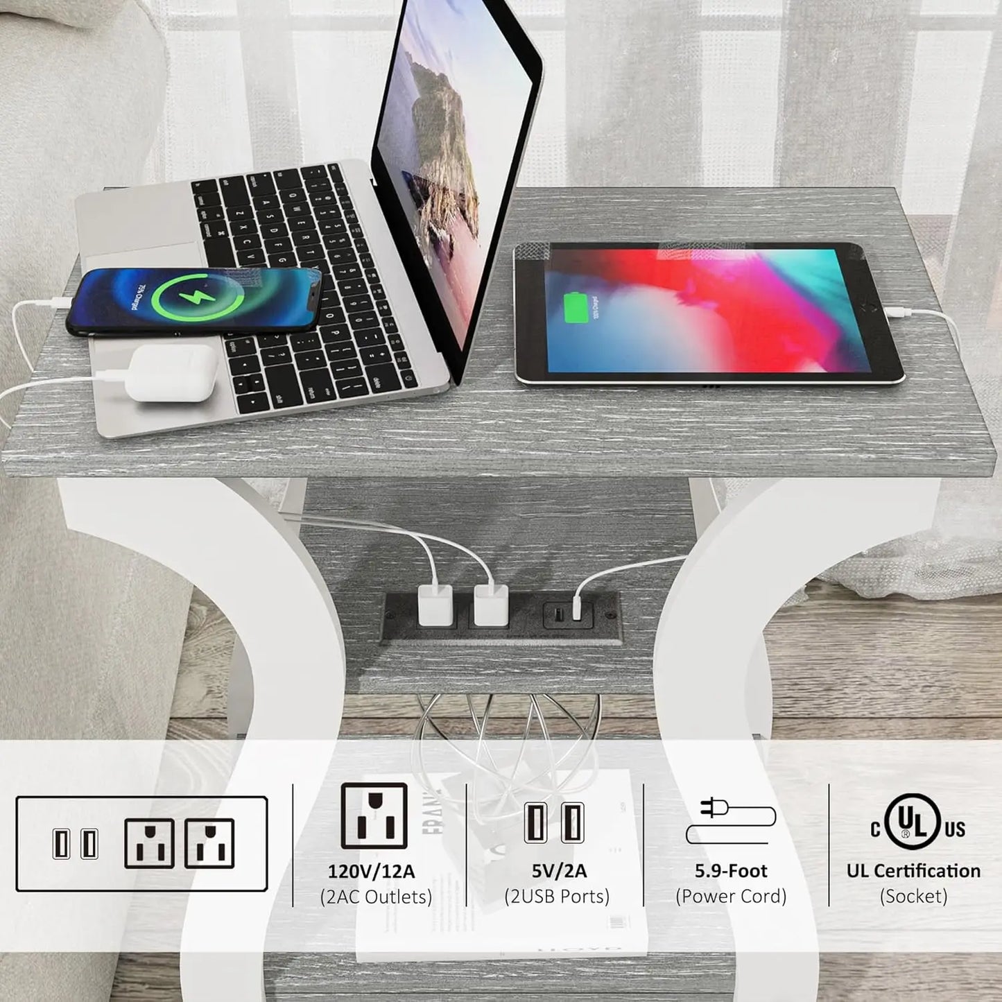 End Table Charging Station 3 Tier Nightstand Home Use