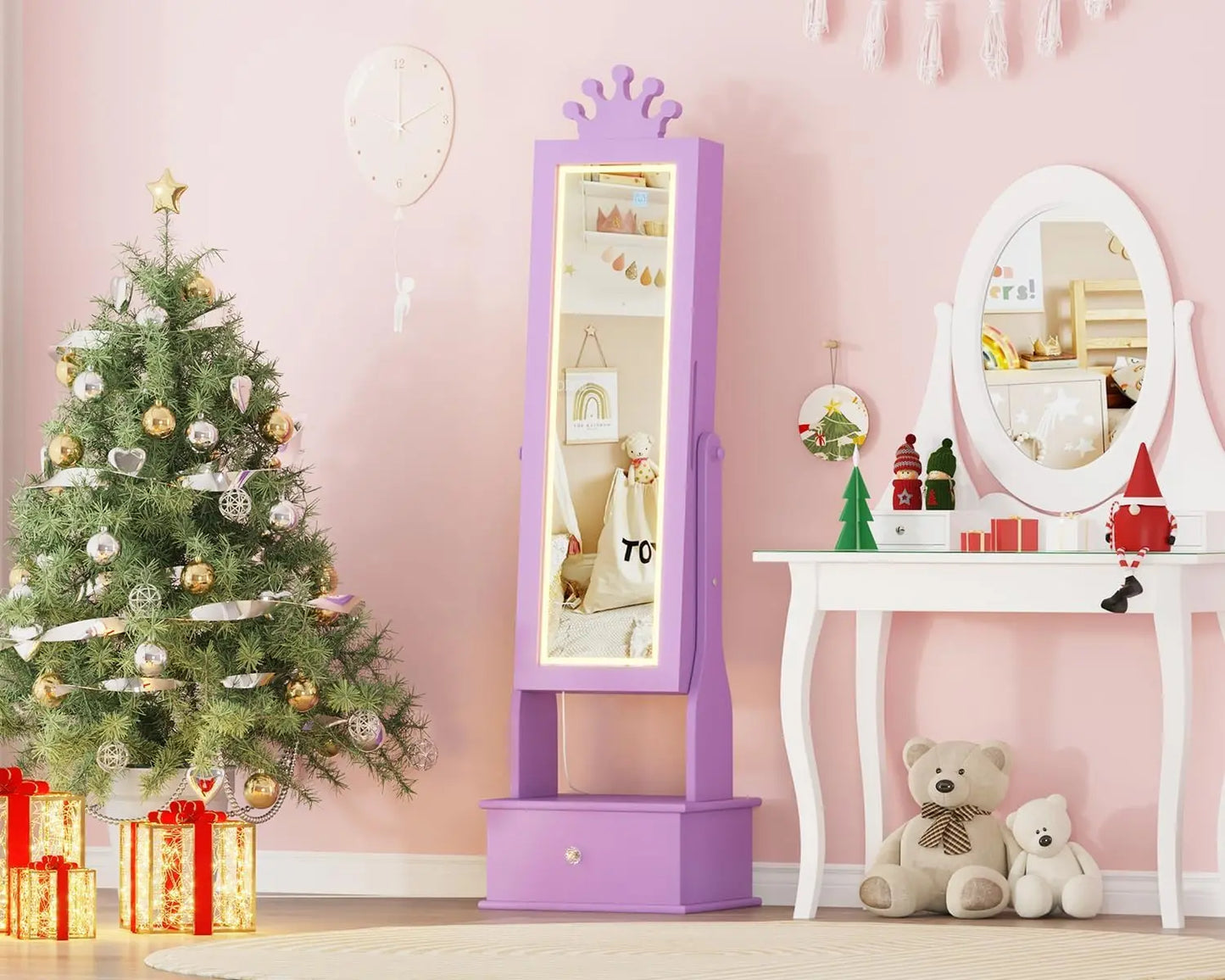 HiMISS Kids Jewelry Armoire With LED Mirror Lockable Drawers