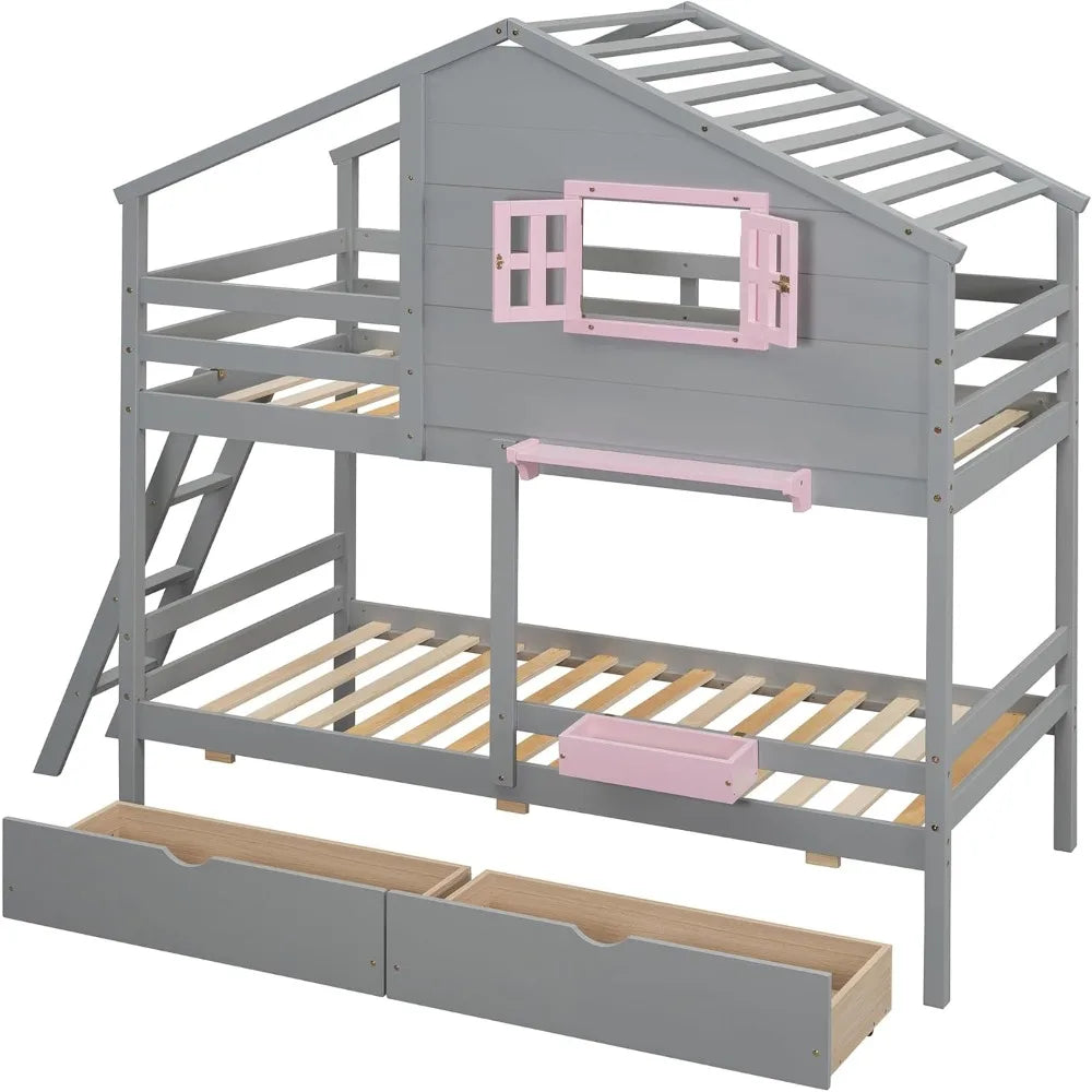 Twin Over Twin Bunk Bed Playhouse With Drawers