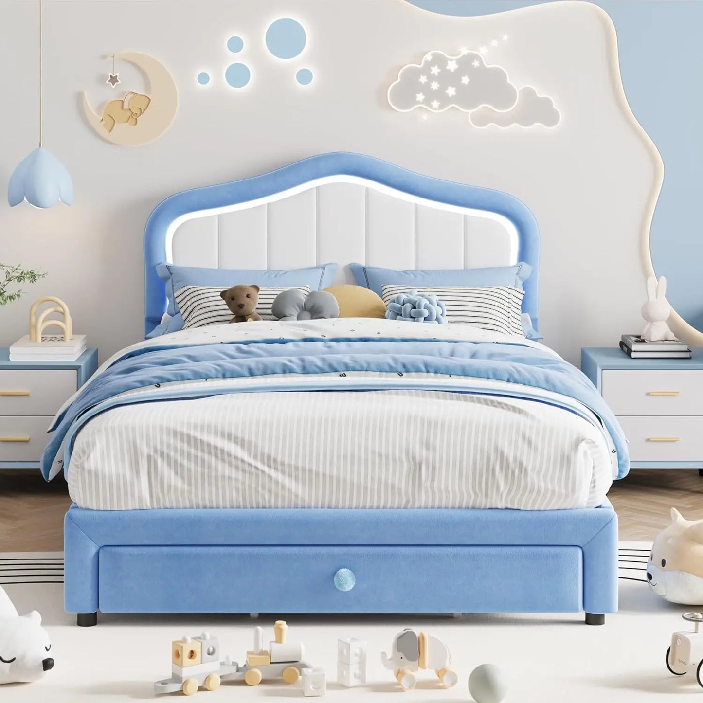 Studyset Kids Upholstered Bed Frame With LED Crown Headboard