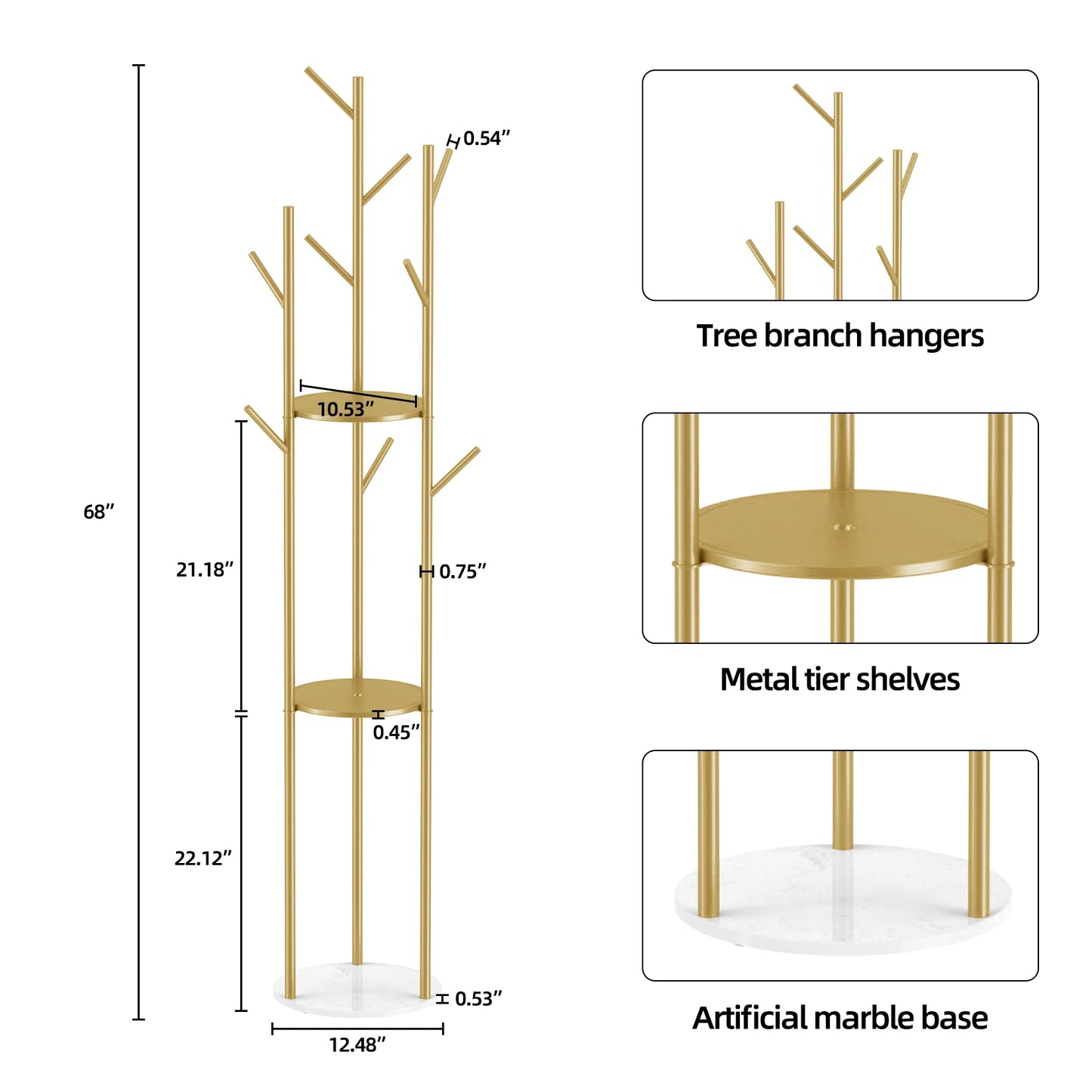 Marble Metal Coat Rack Freestanding with 3 Shelves and 9 Hooks for Entryway