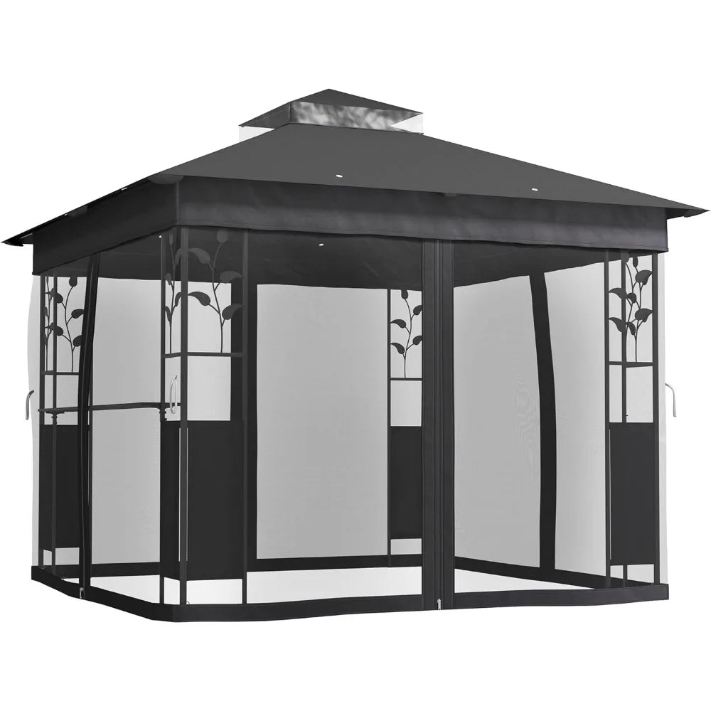 10 Foot x 10 Foot Double Roof Outdoor Gazebo with Shelves and Netting