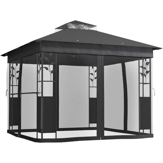 10 Foot x 10 Foot Double Roof Outdoor Gazebo with Shelves and Netting