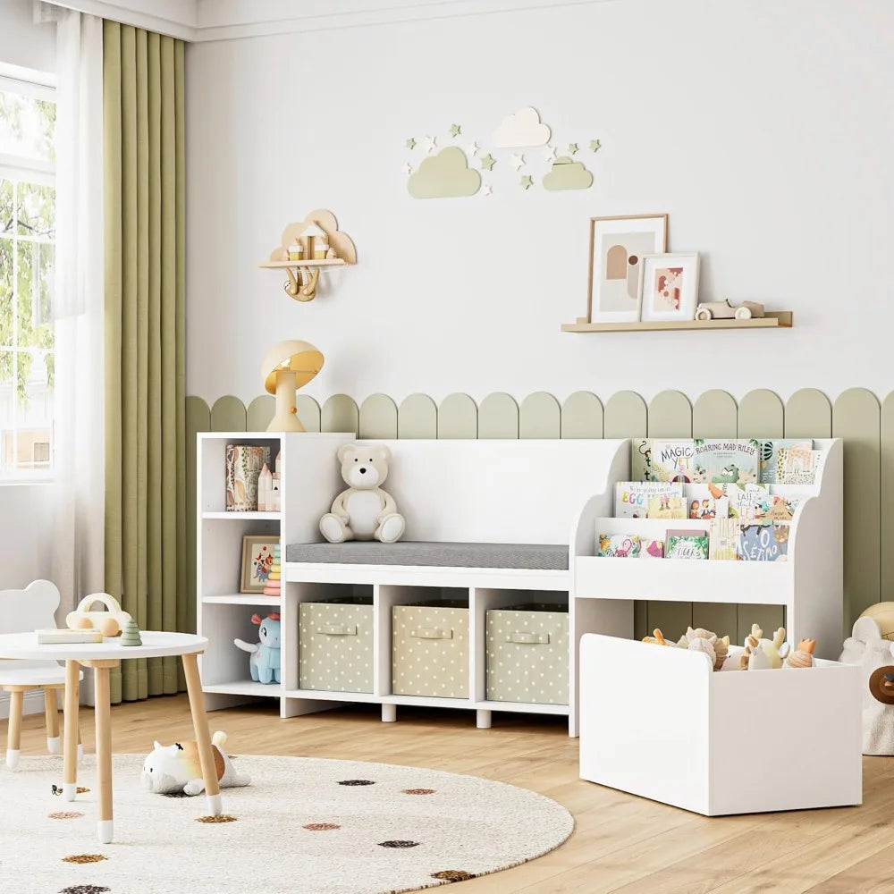HOSTACK 67 Inch Kids Reading Nook with Bench Bookshelf and Storage Cubbies