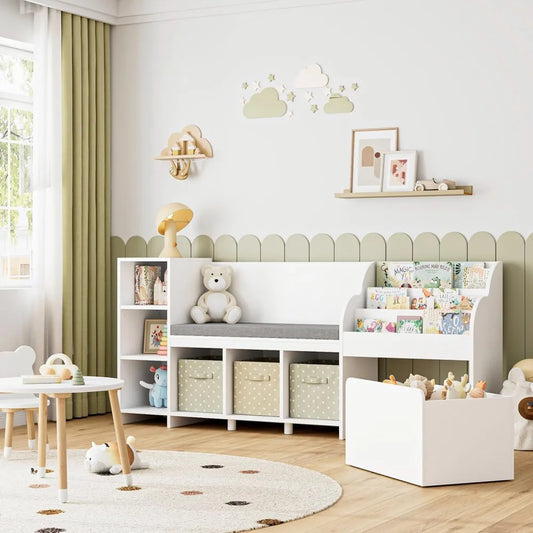 HOSTACK 67 Inch Kids Reading Nook with Bench Bookshelf and Storage Cubbies