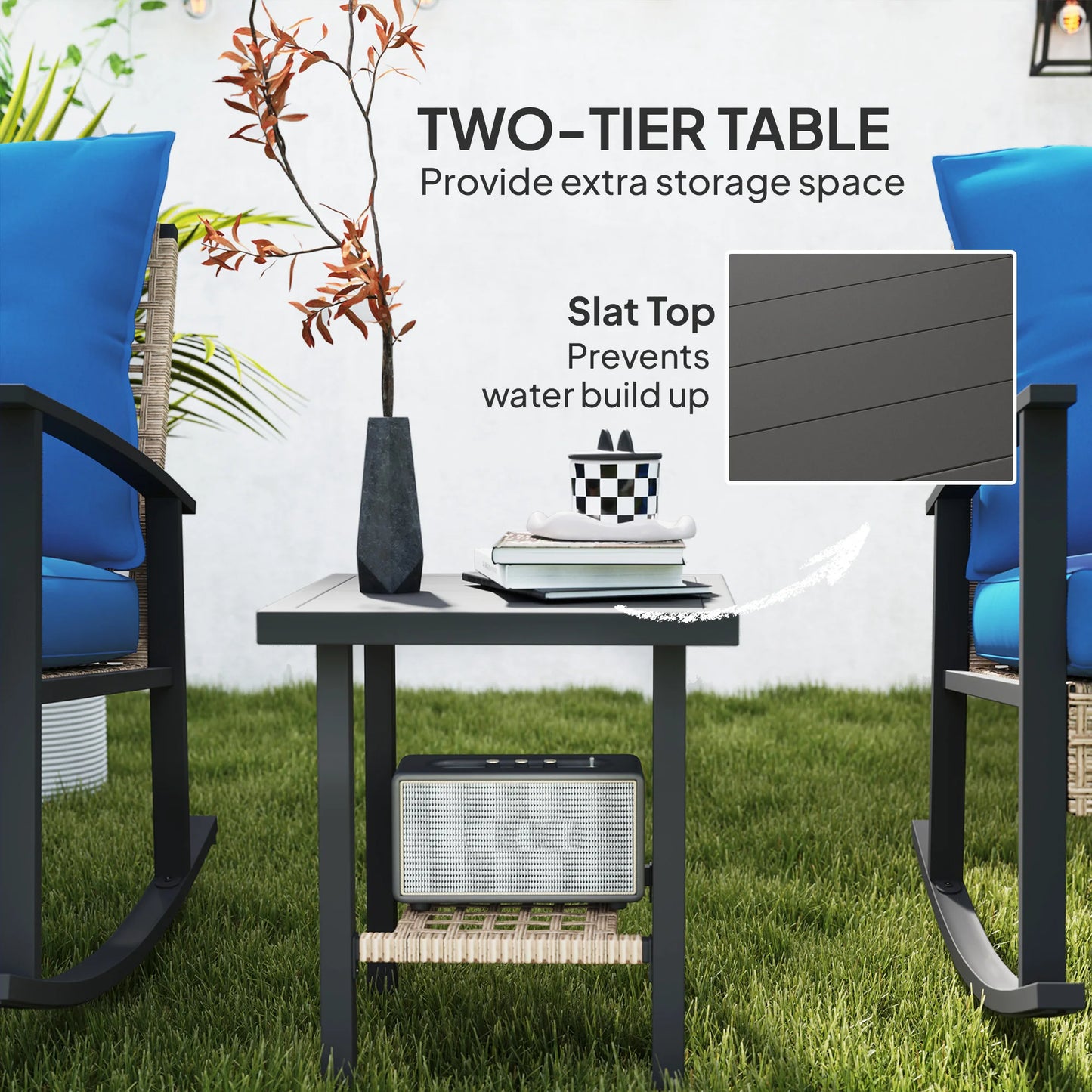 3 Pieces Bistro Set With Rattan Rocking Chairs And Coffee Table