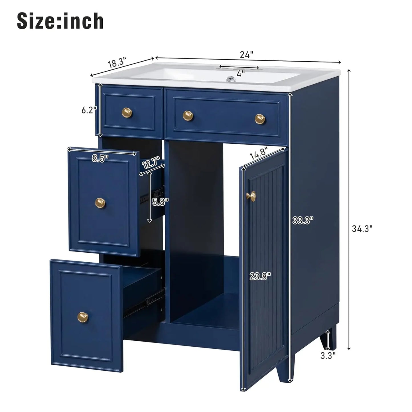 Modern Freestanding Bathroom Vanity With Sink And Gold Handles