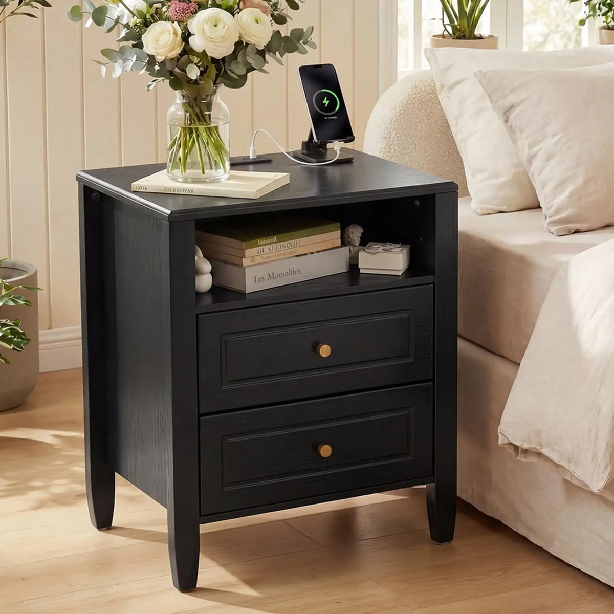 Modern Wooden Nightstand With Charging Station Open Shelf
