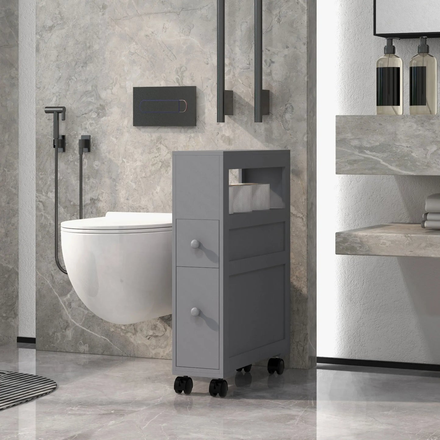 HOMCOM Wood Rolling Narrow Bathroom Storage Cabinet