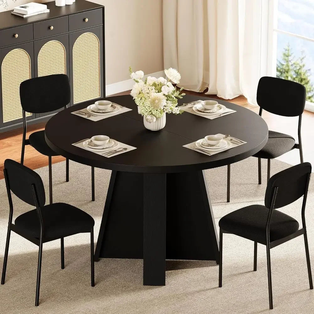 Five Piece Round Dining Table Set With Wood Base And Upholstered Chairs