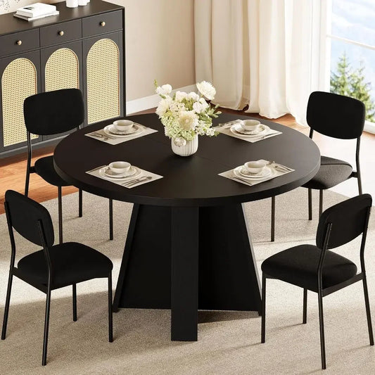 Five Piece Round Dining Table Set With Wood Base And Upholstered Chairs