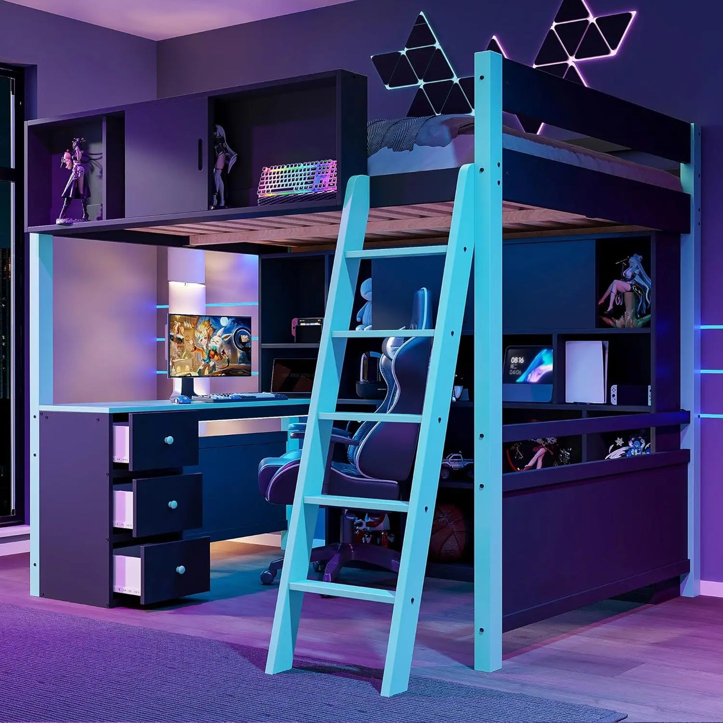 Wood Gaming Loft Bed With Desk Storage LED ChargingStation
