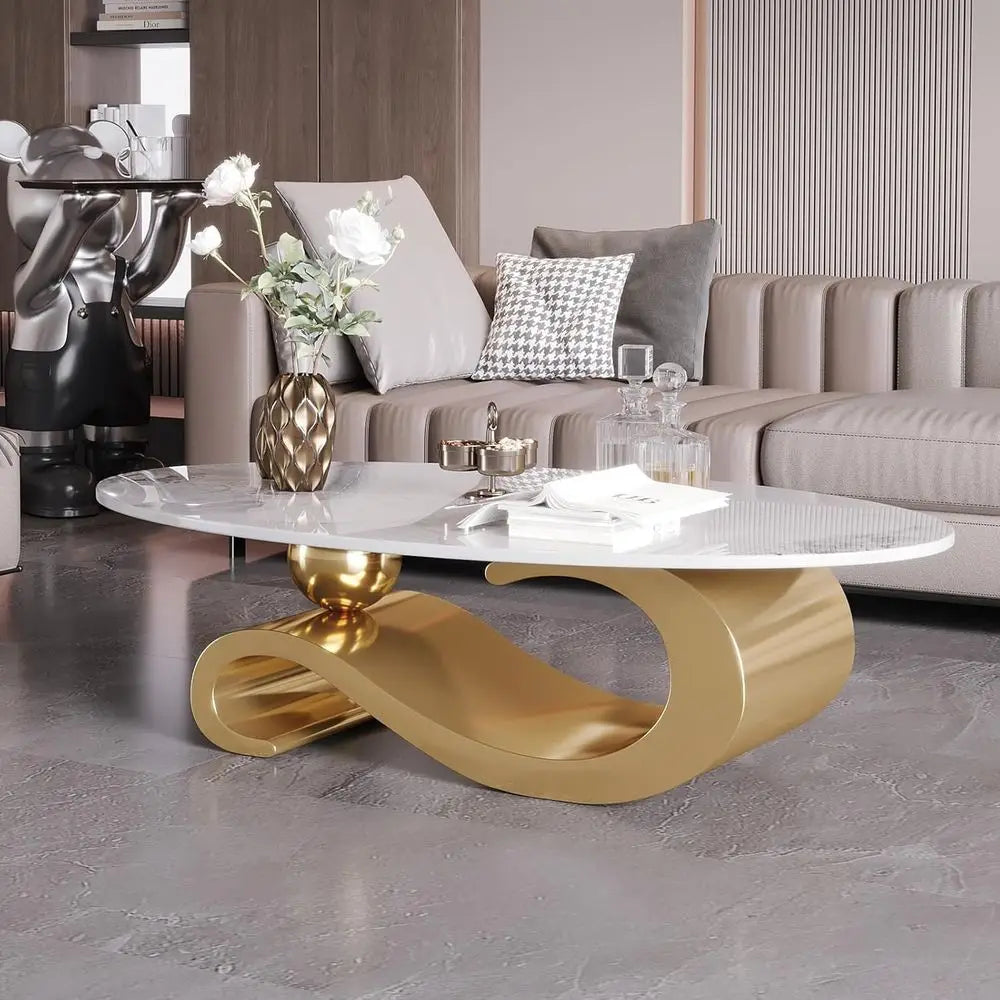 Oval Marble Coffee Table With Stainless Steel Base