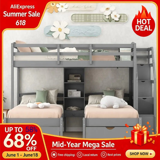 MBVM Triple Bunk Beds With Stairs And Storage Drawers For 3 Kids