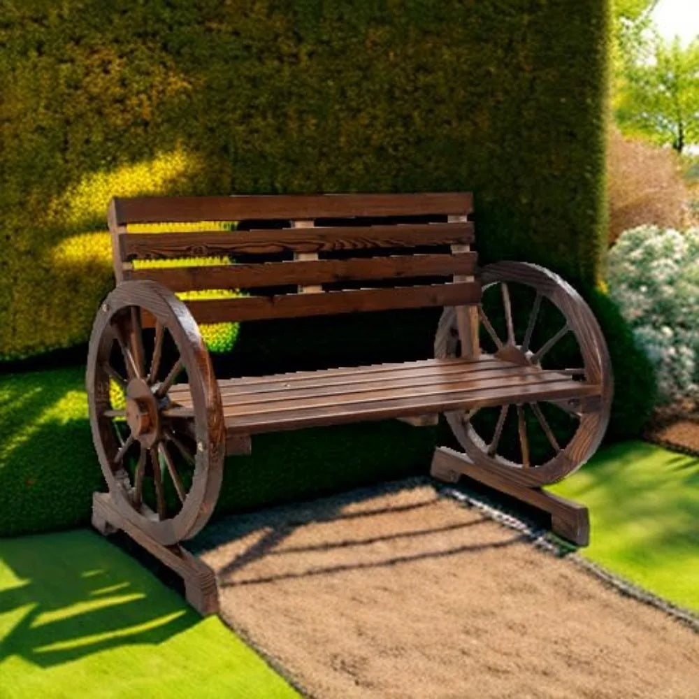 Two Person Wooden Wagon Wheel Bench for Outdoors Garden