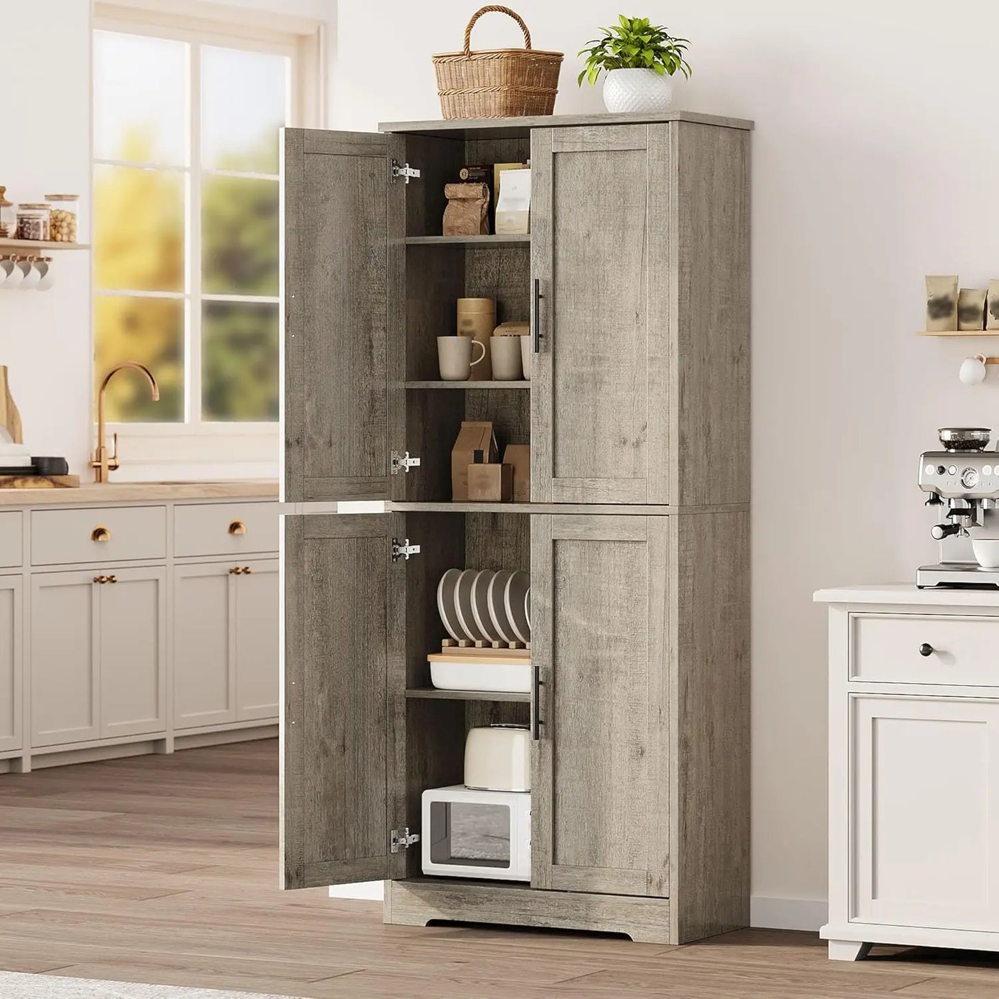 Studyset Freestanding Kitchen Pantry Cabinet Four Doors Adjustable Shelves