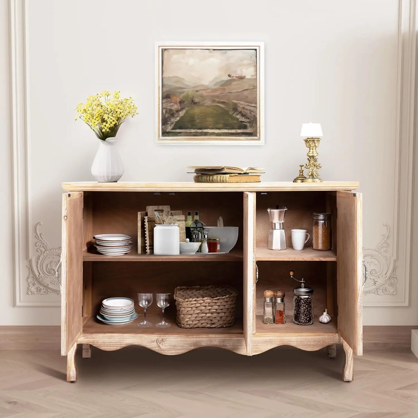 XMSJ Accent Storage Cabinet With Carved Doors And Shelves Farmhouse Sideboard Buffet