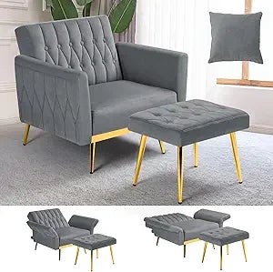 Velvet Accent Chair with Adjustable Armrests Tufted Back and Ottoman