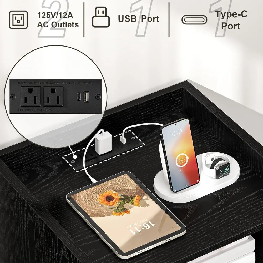 XIUWO Boho Nightstand Set With Charging Station Wood Legs