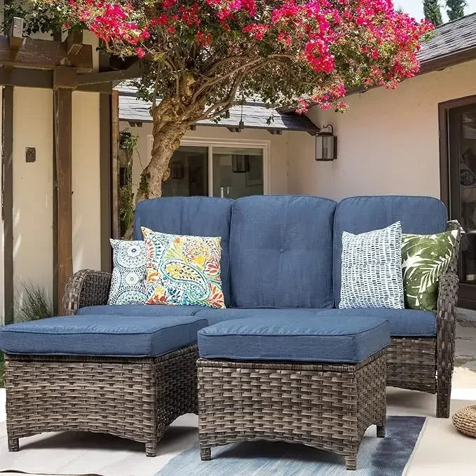 Three Piece Wicker Outdoor Conversation Set With Sofa Ottomans