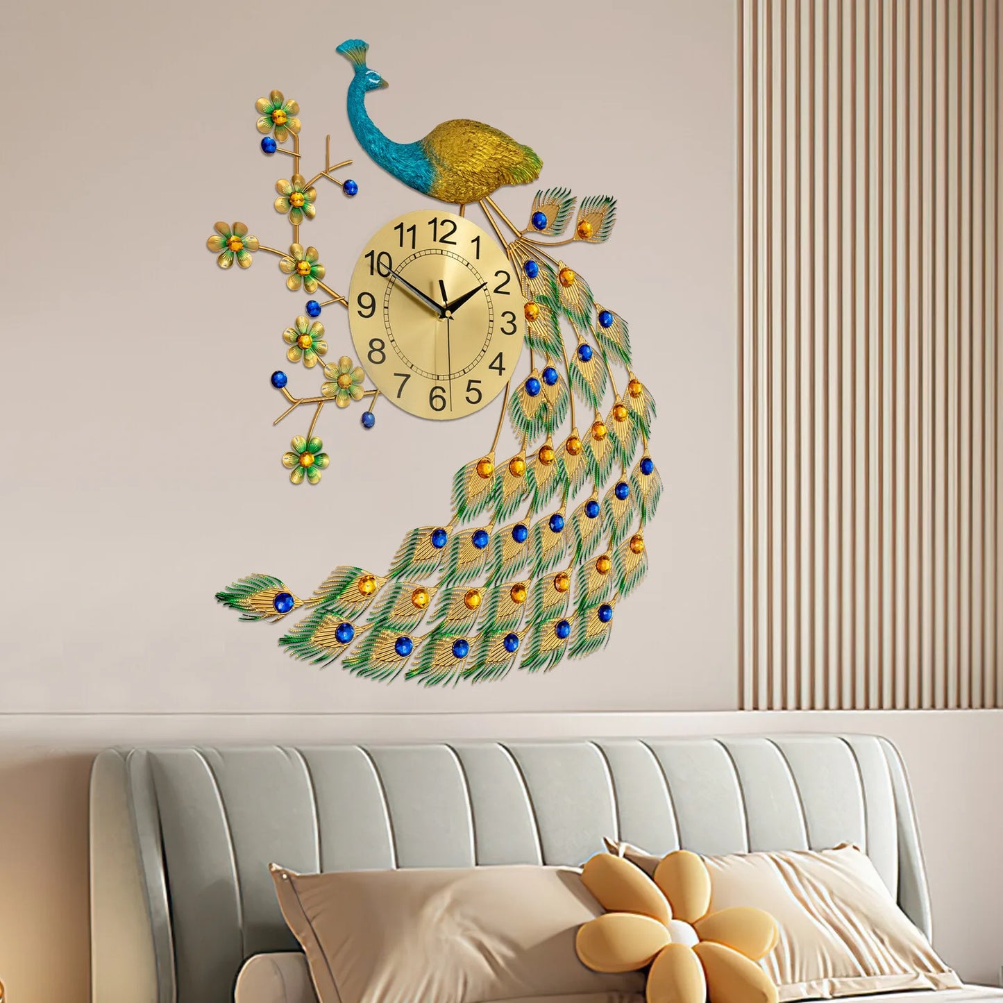 Peacock Metal Wall Clock For Living Room 3D Wall Decor