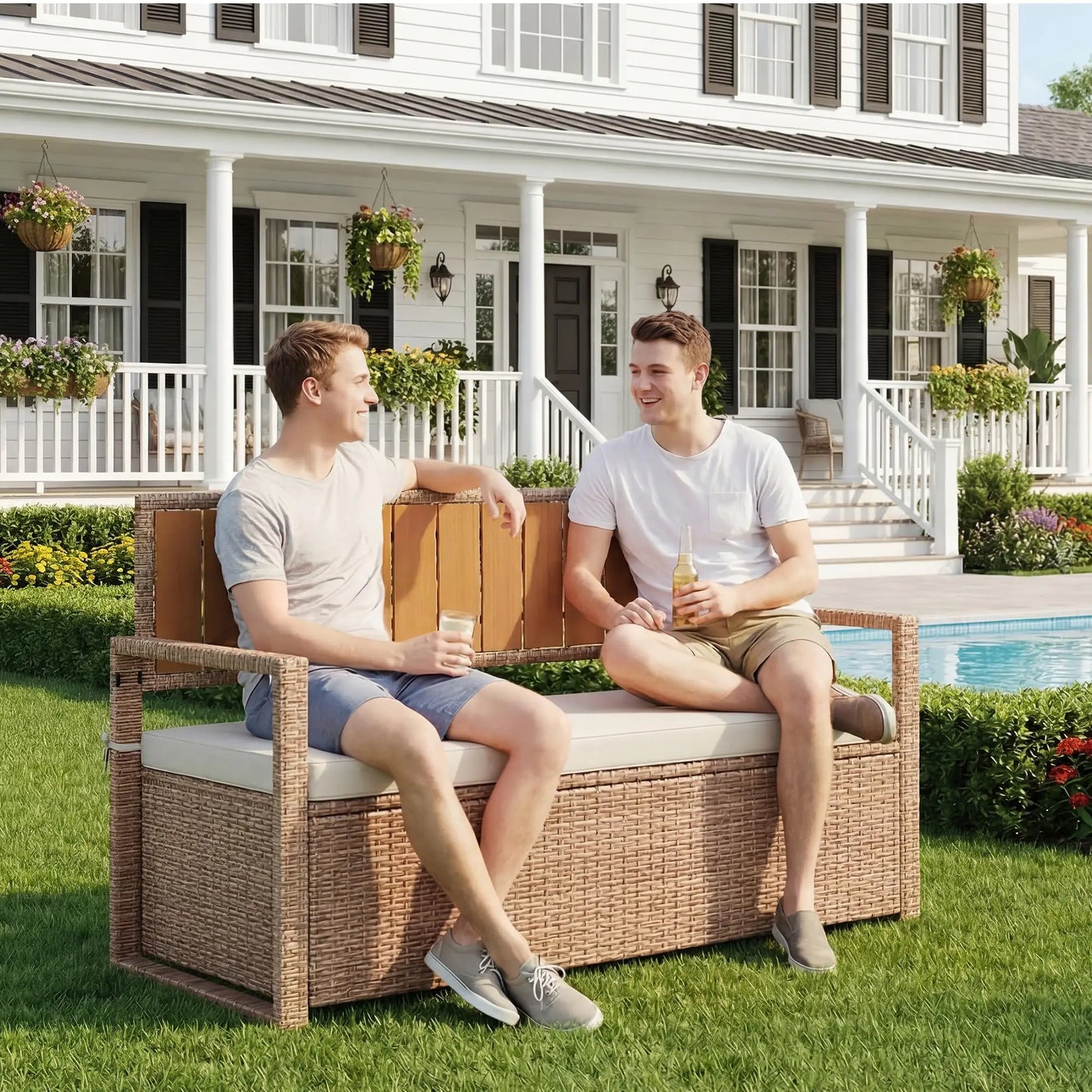 Outdoor Storage Bench Rattan Deck Box With Seat Patio