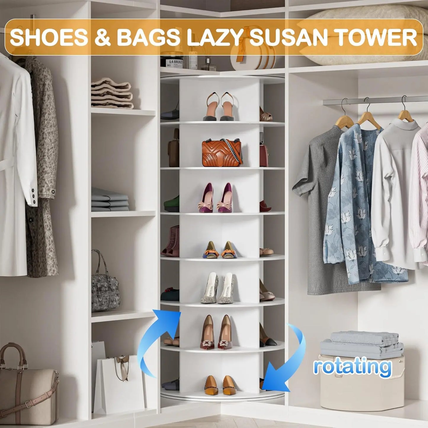 Rotating 7 Tier Shoe Rack Tower Vertical Spinning Organizer White Storage Solution