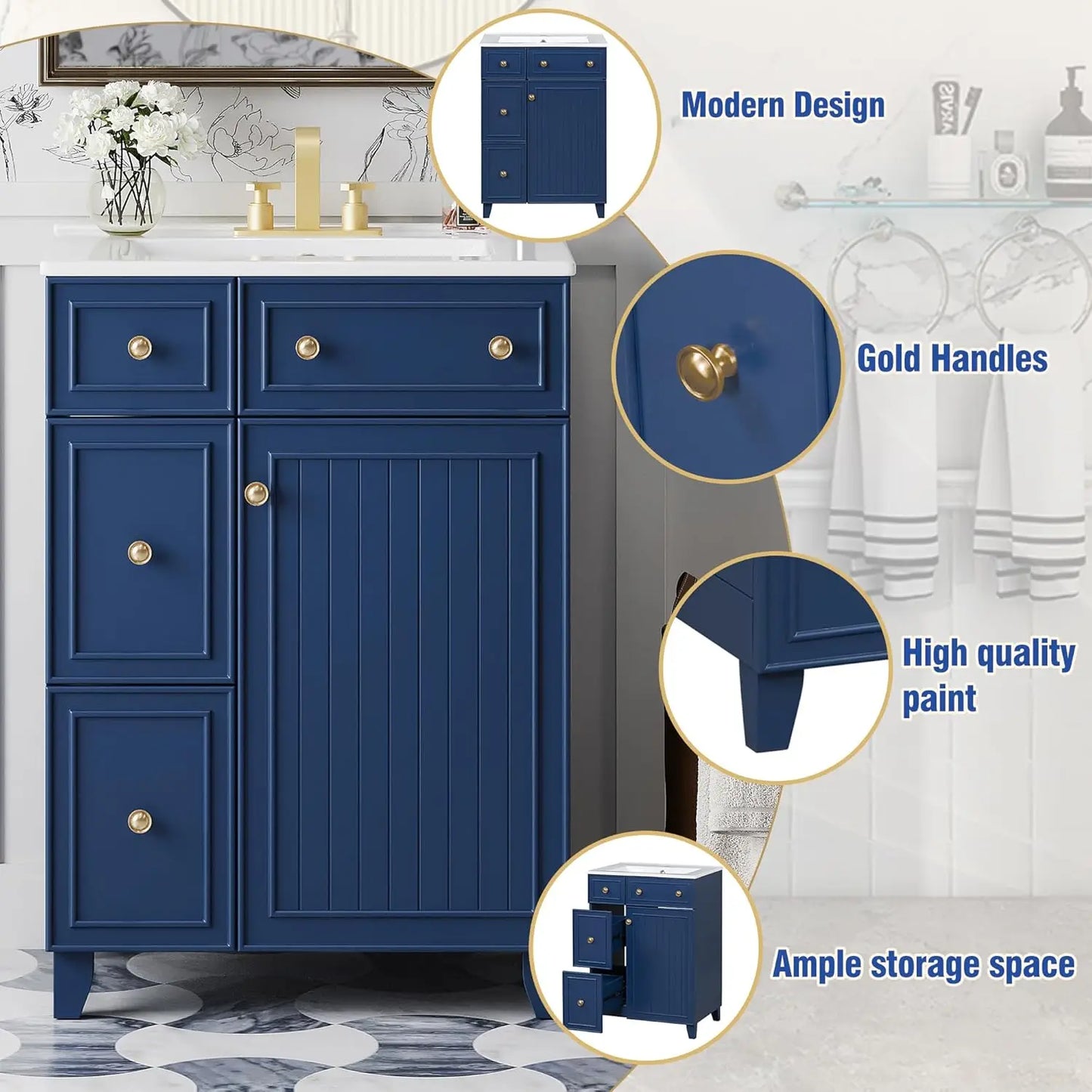 Modern Freestanding Bathroom Vanity With Sink And Gold Handles
