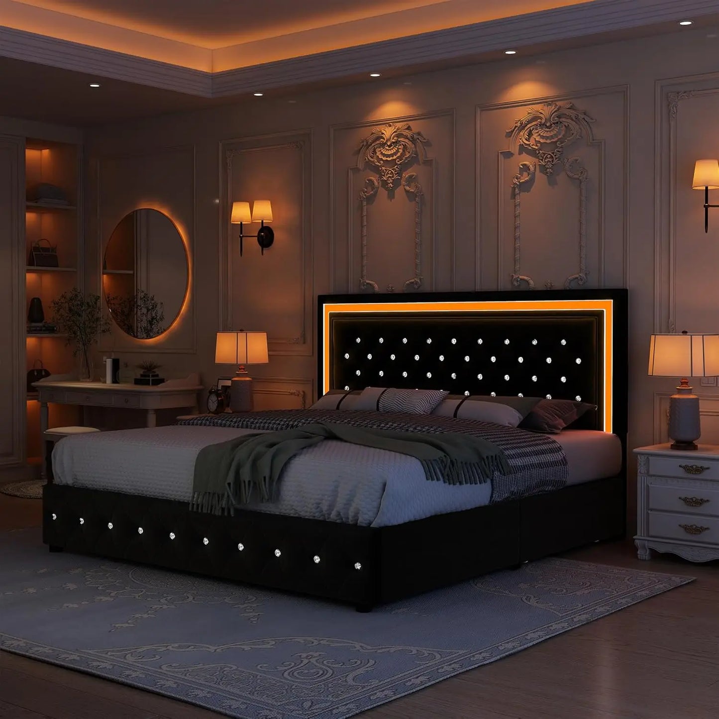 Bed Frame With LED Lighting And Stowaway Storage Drawers