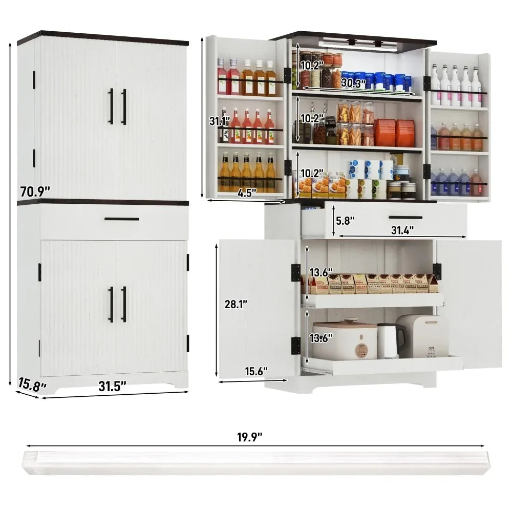 71 Inch Tall Fluted Kitchen Pantry Cabinet with LED Light and Ample Storage