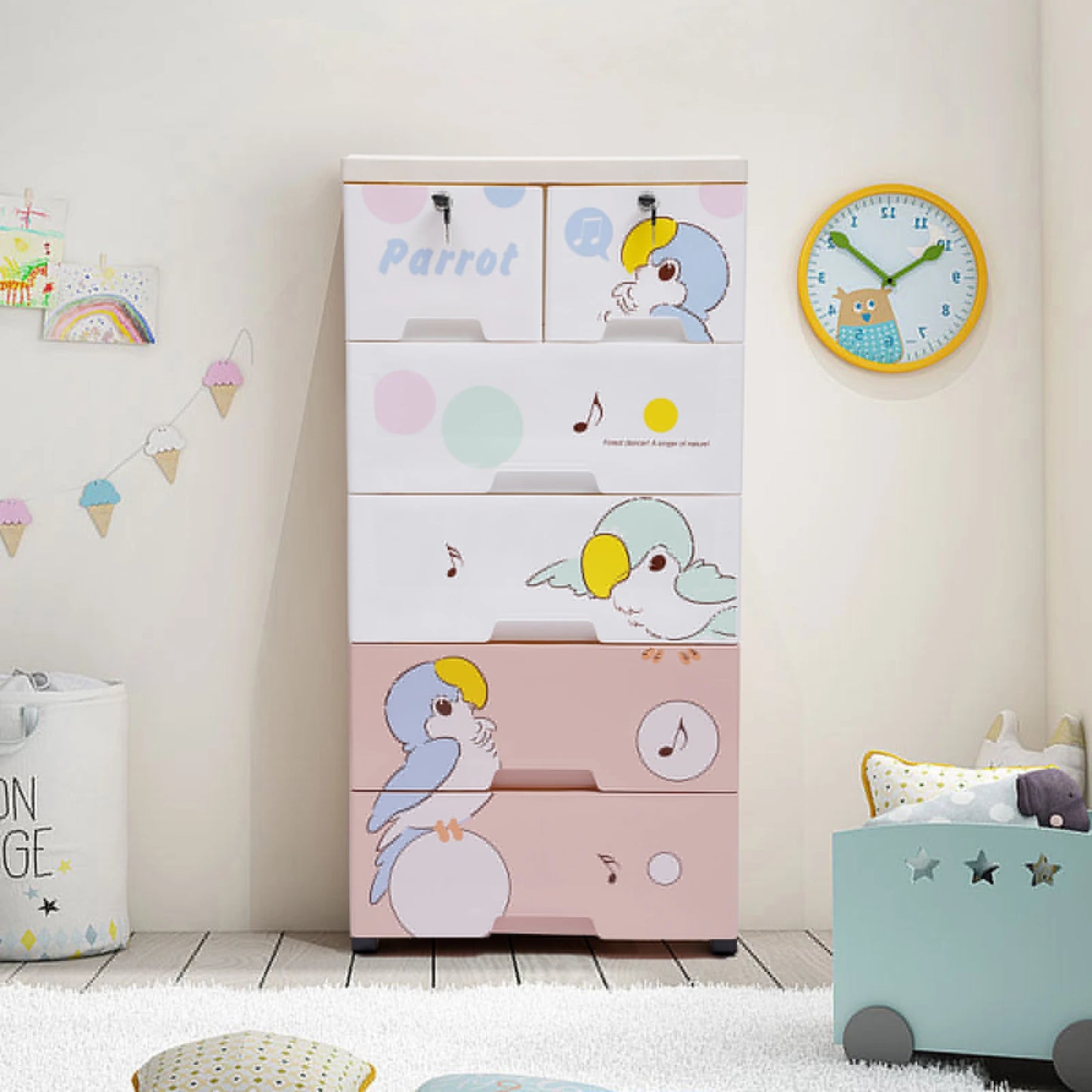 Rolling Parrot Plastic Dresser Storage Cabinet 6 Drawer With Lock