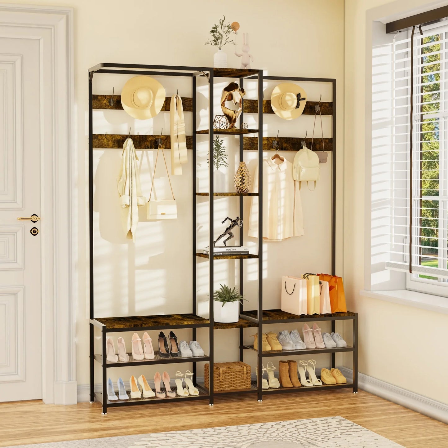 Tall Hall Tree With Shoe Rack Bench And 10 Hooks Entryway Organizer