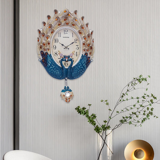 NONED Peacock Wall Clock Modern Pendulum Crystal Accents