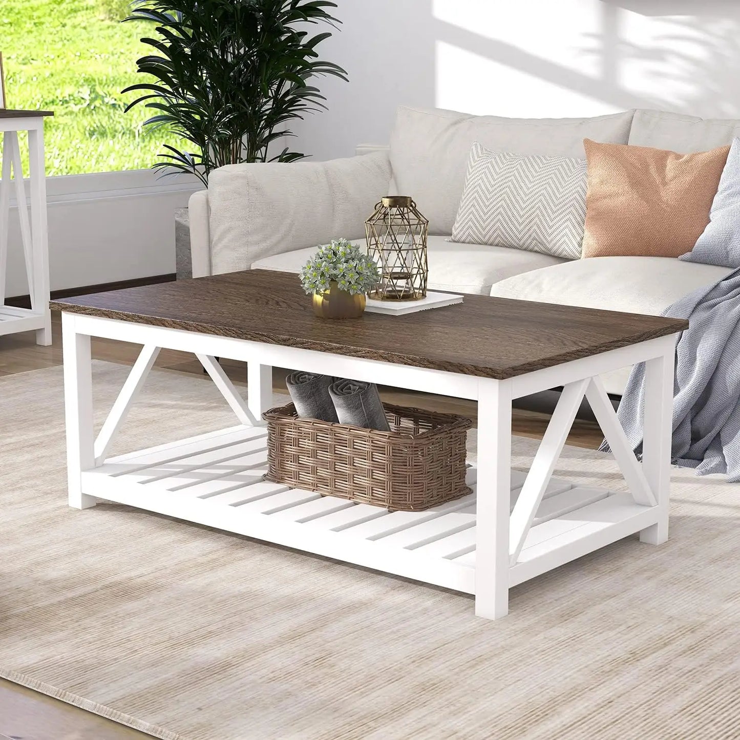 Rustic Farmhouse Coffee Table With Metal Frame And Shelf