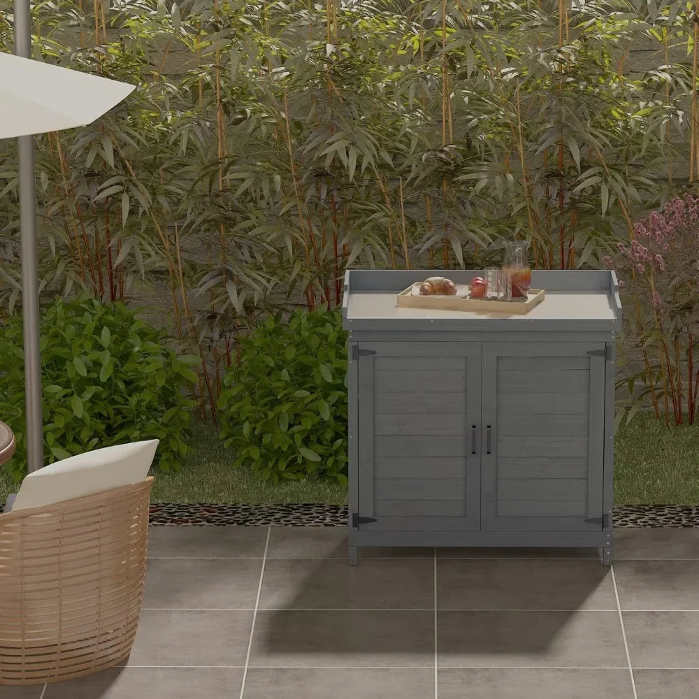 Outdoor Wooden Garden Tool Shed With Potting Benches And Workstation
